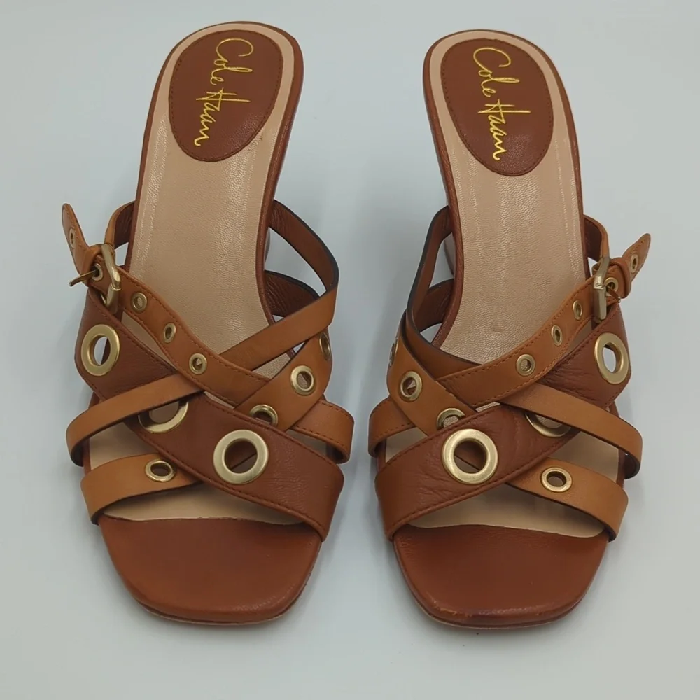 Cole Haan Whitney Wedge Leather Sandals 7.5B Brown Eyelet Strappy Slip On Women